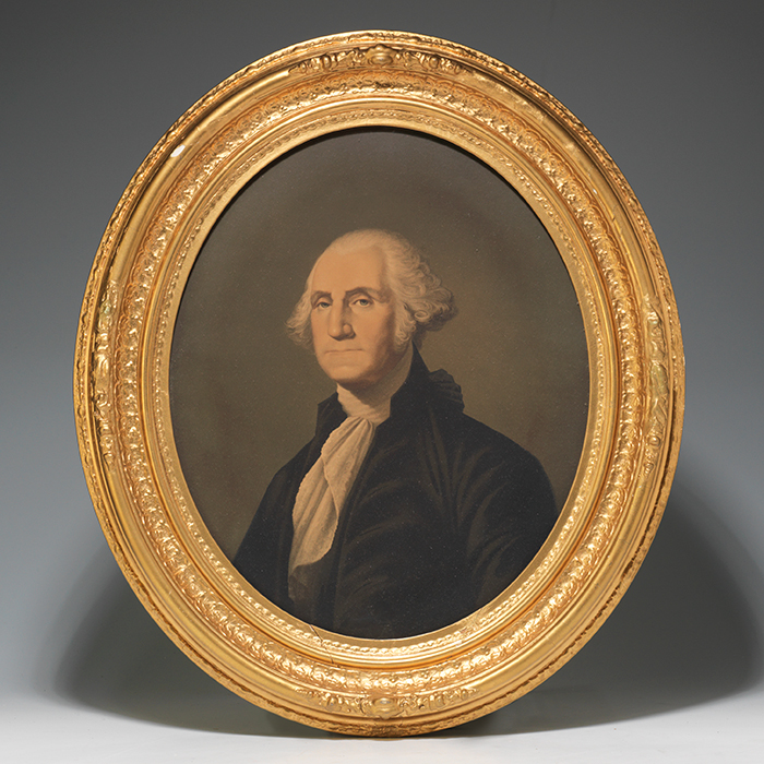 Framed chromolithographic portraits of George and Martha Washington