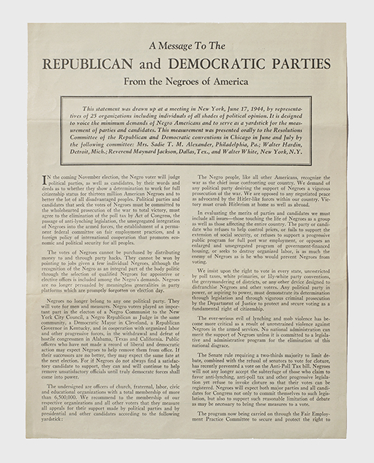 Handbill [&quot;A Message to the Republican and Democratic Parties from the Negroes of America&quot;]