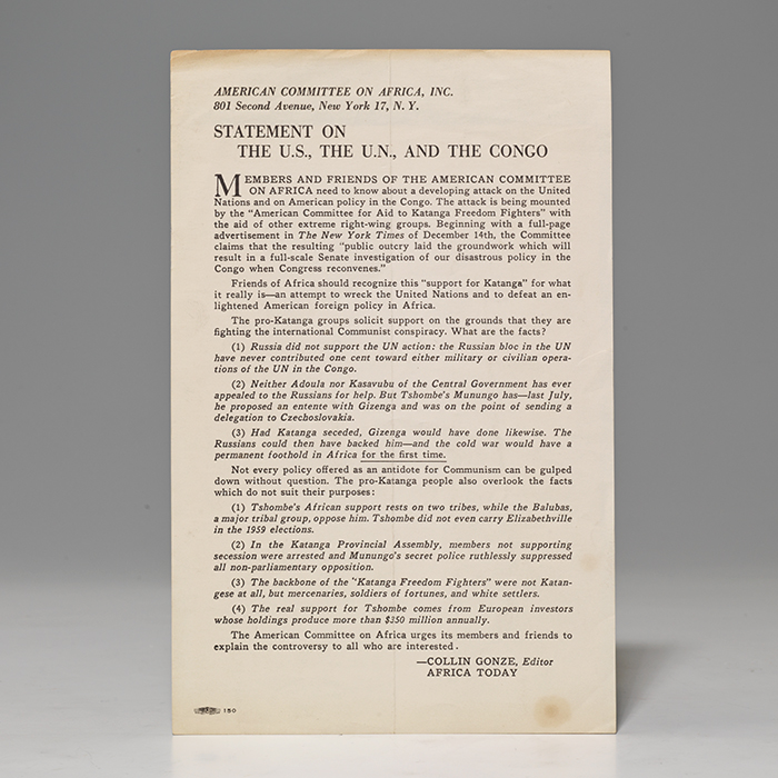 Handbill [&quot;Statement on the U.S., the U.N., and the Congo&quot;]
